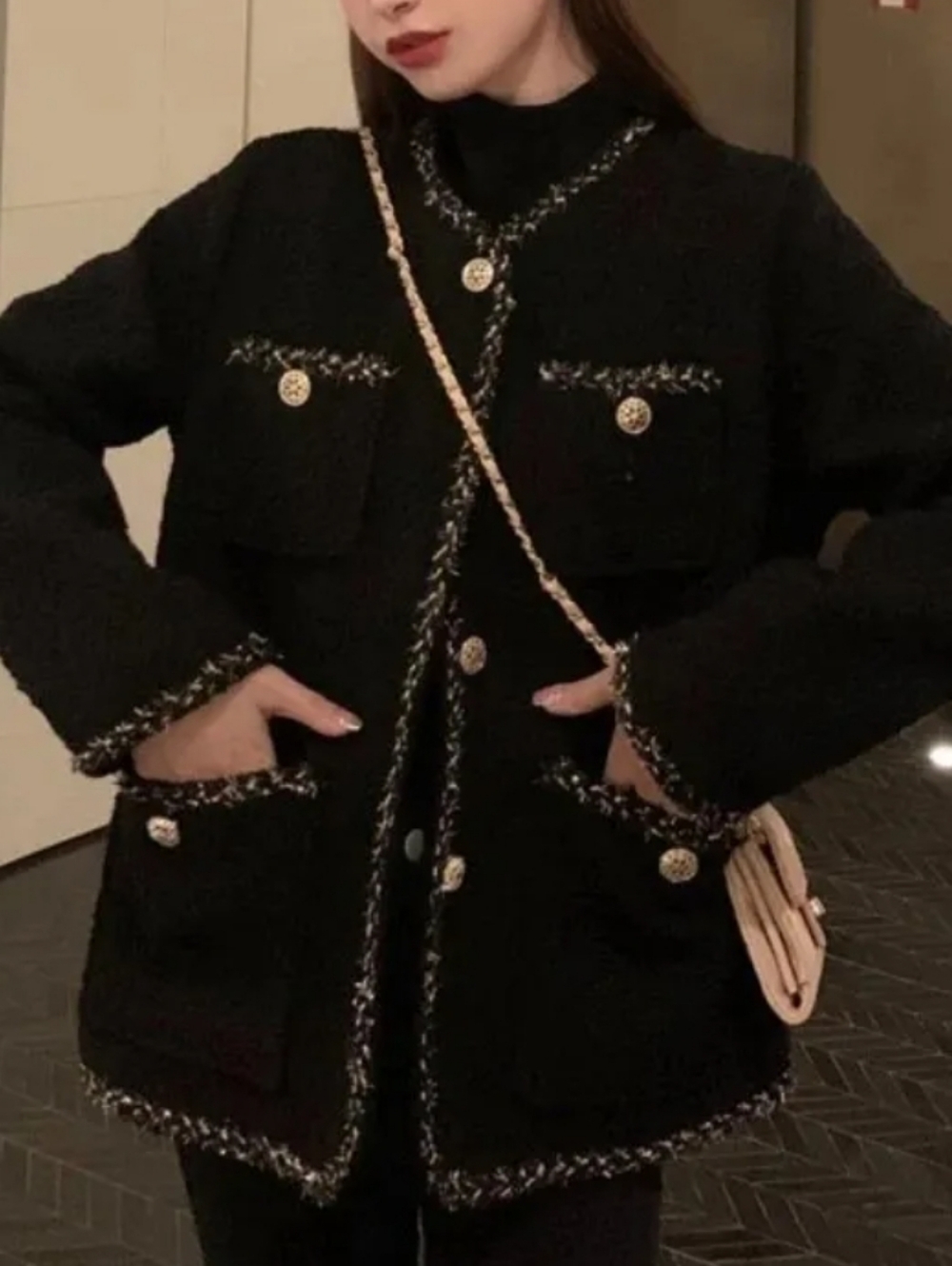 Korean Style Tweed Jacket for Women - Loose Fit O-Neck Coat Size Small
